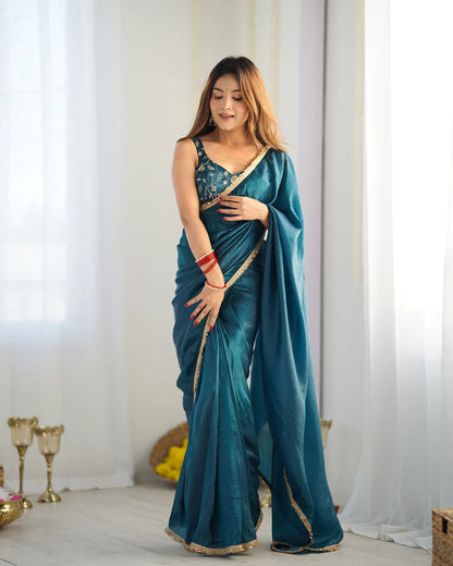 Teal Blue Pre-Draped Tissue Silk Saree with Shimmer Elegance