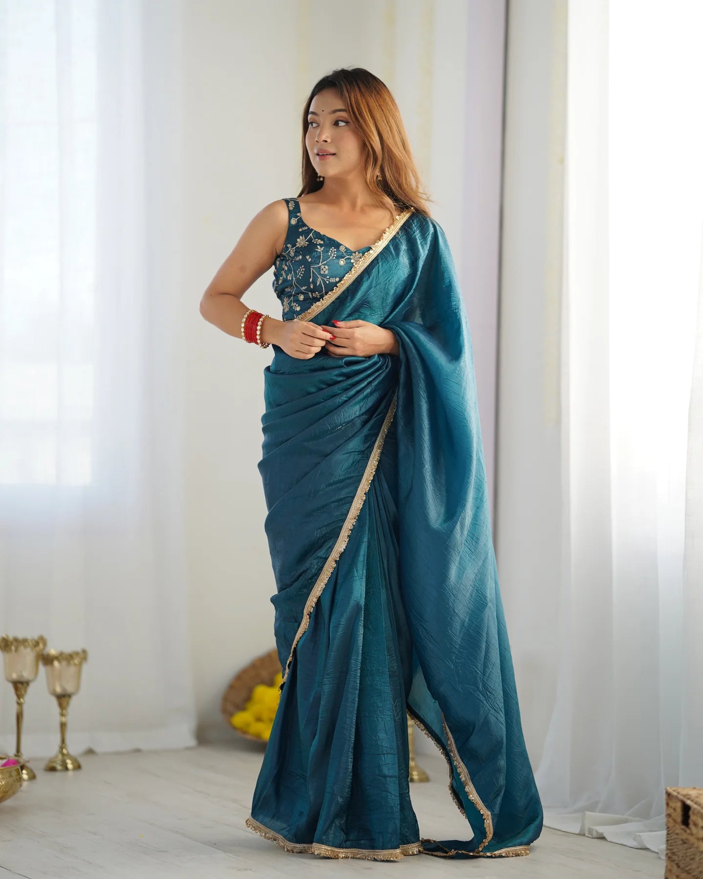 Teal Blue Pre-Draped Tissue Silk Saree with Shimmer Elegance