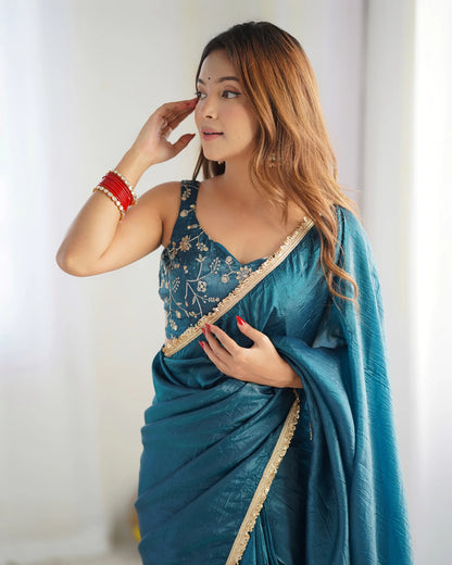 Teal Blue Pre-Draped Tissue Silk Saree with Shimmer Elegance