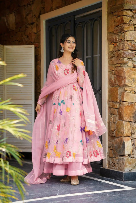 Pastel Pink Embroidered Anarkali with Sharara & Dupatta Set