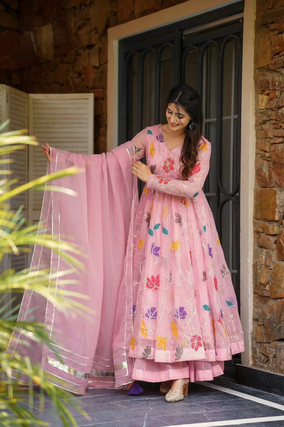 Pastel Pink Embroidered Anarkali with Sharara & Dupatta Set