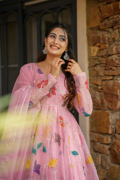 Pastel Pink Embroidered Anarkali with Sharara & Dupatta Set