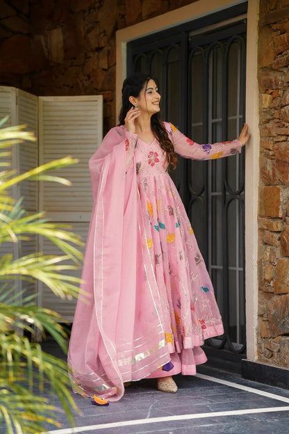 Pastel Pink Embroidered Anarkali with Sharara & Dupatta Set