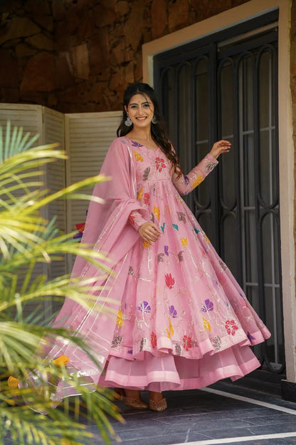 Pastel Pink Embroidered Anarkali with Sharara & Dupatta Set