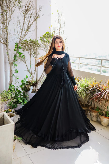 Solid Double-Layered Long Flared Anarkali Suit with Dupatta