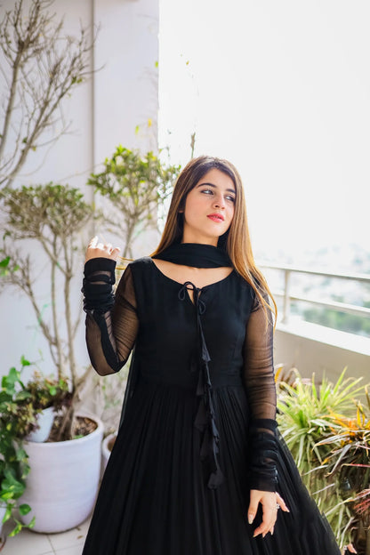 Solid Double-Layered Long Flared Anarkali Suit with Dupatta