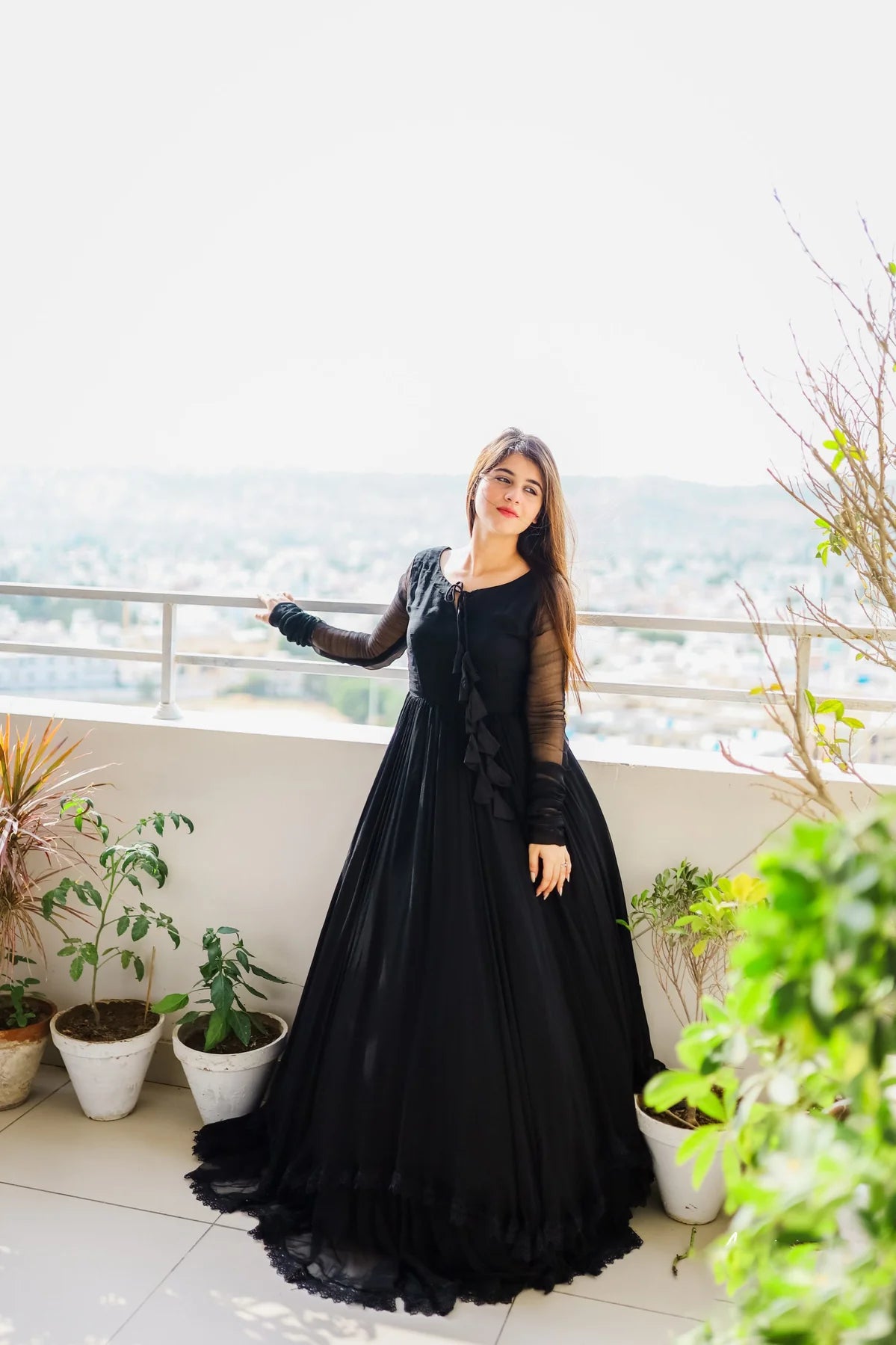 Solid Double-Layered Long Flared Anarkali Suit with Dupatta