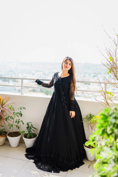 Solid Double-Layered Long Flared Anarkali Suit with Dupatta