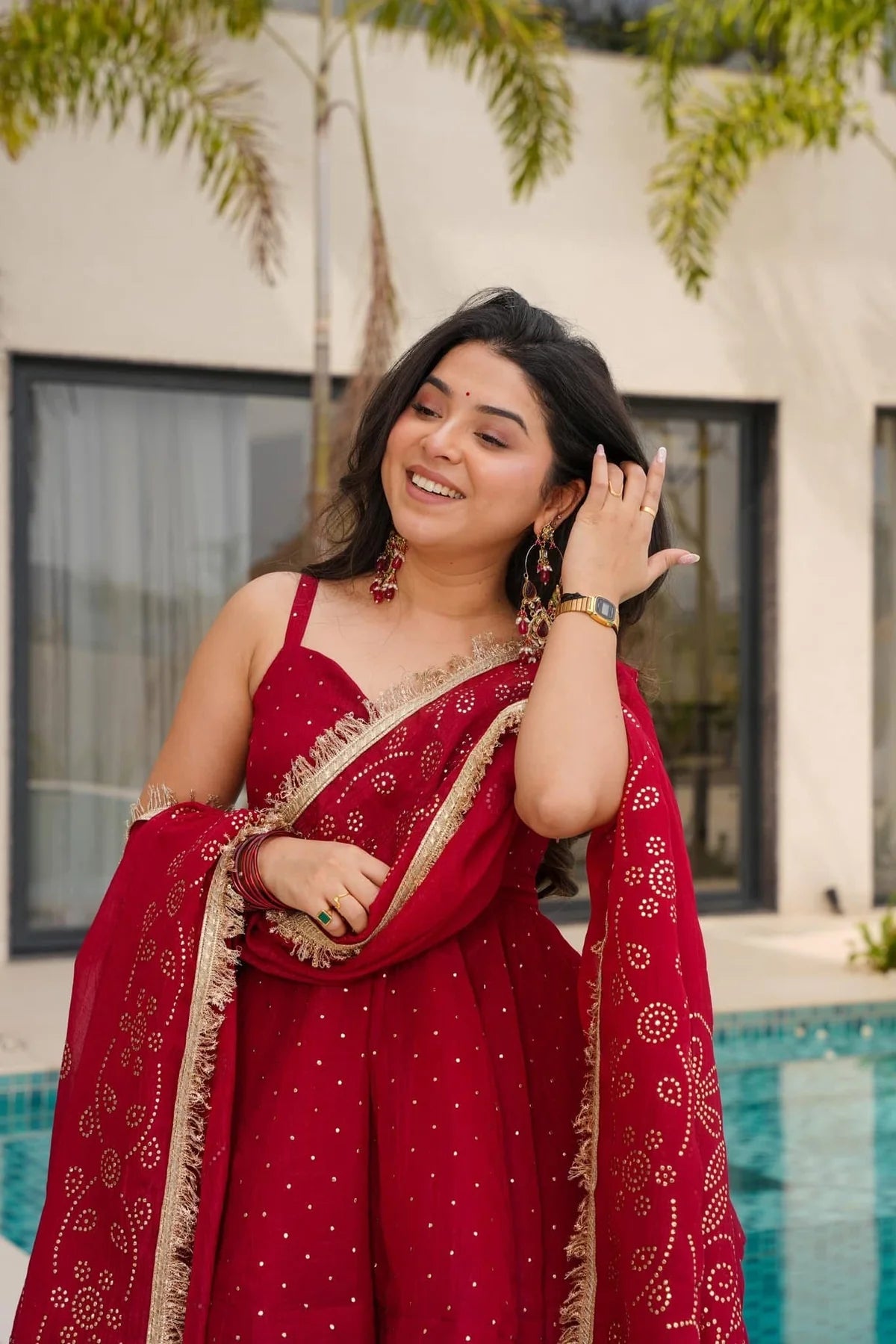 Amazing Red Organza Palazzo Suit with Mukesh and Embroidery Work