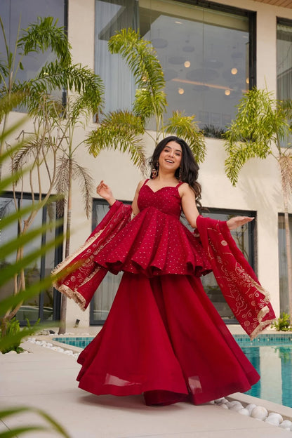 Amazing Red Organza Palazzo Suit with Mukesh and Embroidery Work