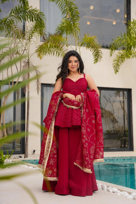 Amazing Red Organza Palazzo Suit with Mukesh and Embroidery Work