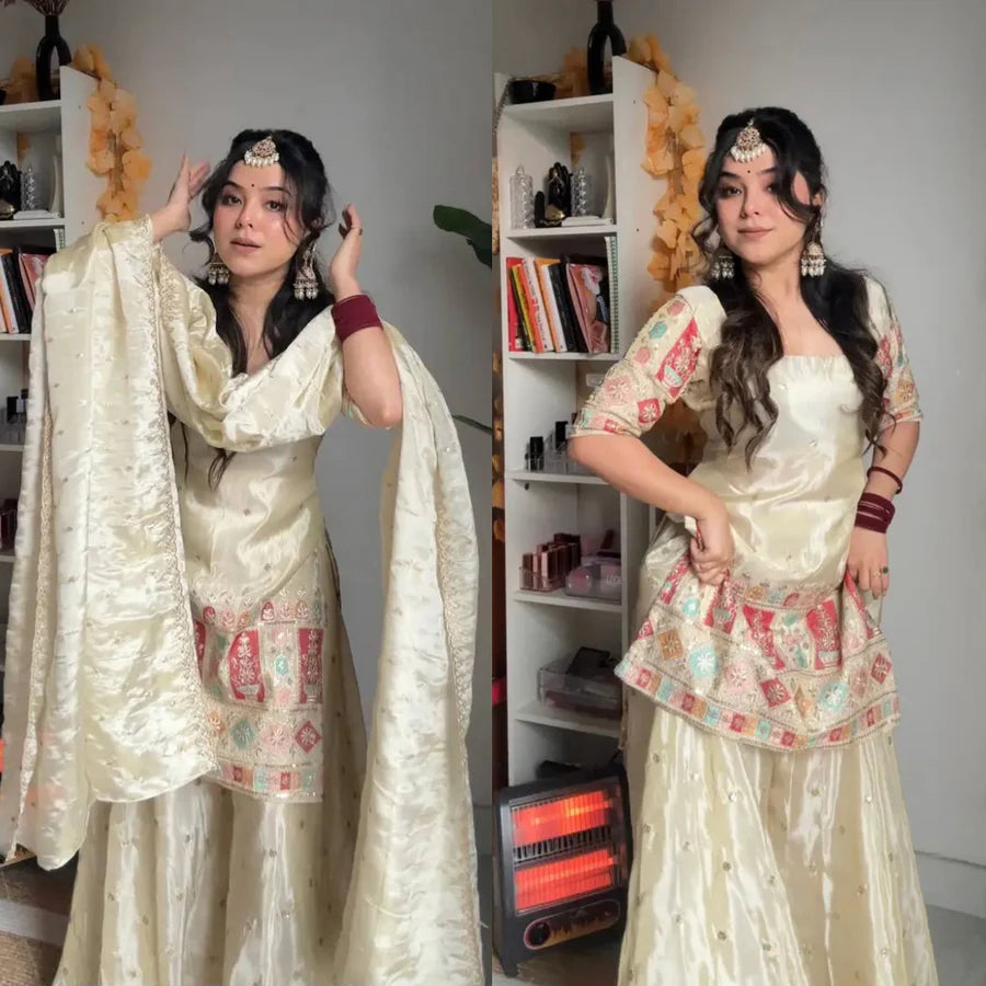 Off White Heavy Work Silk Sharara Set with Dupatta