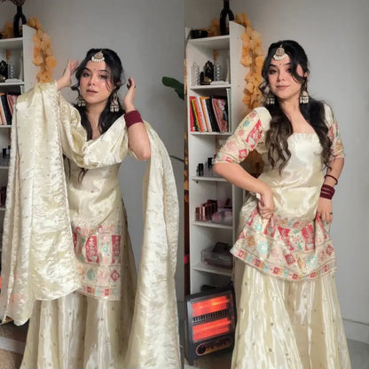 Off White Heavy Work Silk Sharara Set with Dupatta