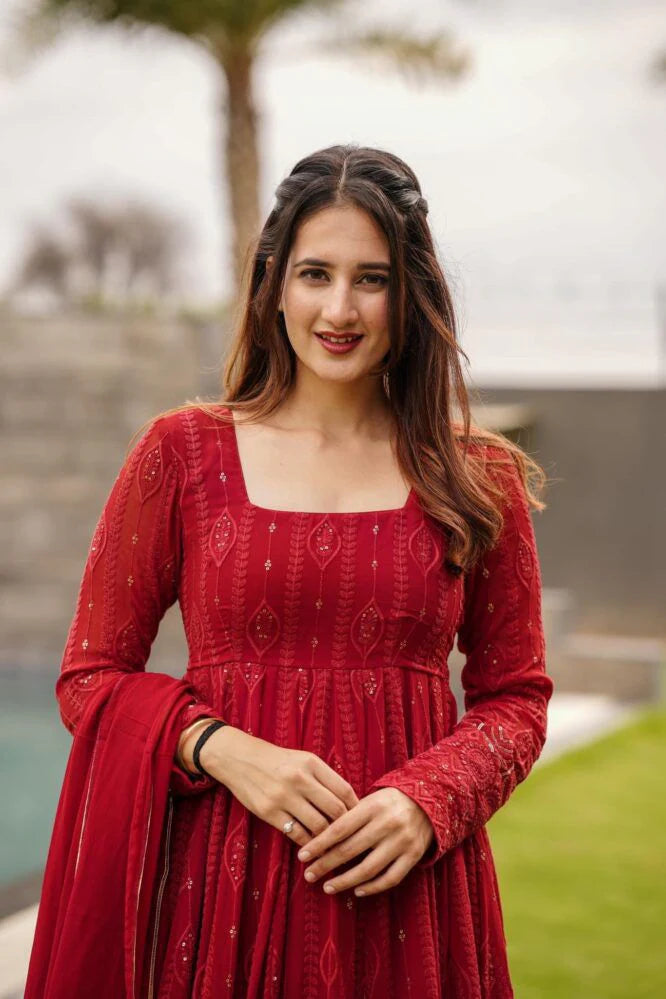 Embellished Red Sequin Work Designer Gown