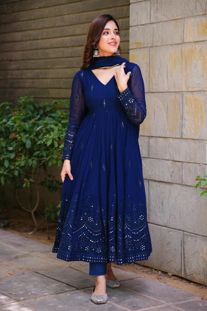 Glimmering Blue, Black Sequin & Thread Work Anarkali Gown with Dupatta