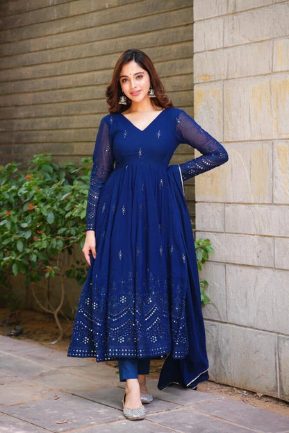 Glimmering Blue, Black Sequin & Thread Work Anarkali Gown with Dupatta