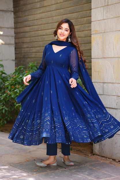 Glimmering Blue, Black Sequin & Thread Work Anarkali Gown with Dupatta