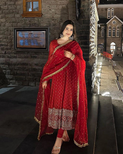 Outstanding Red Sequin Embellished Anarkali Gown with Dupatta