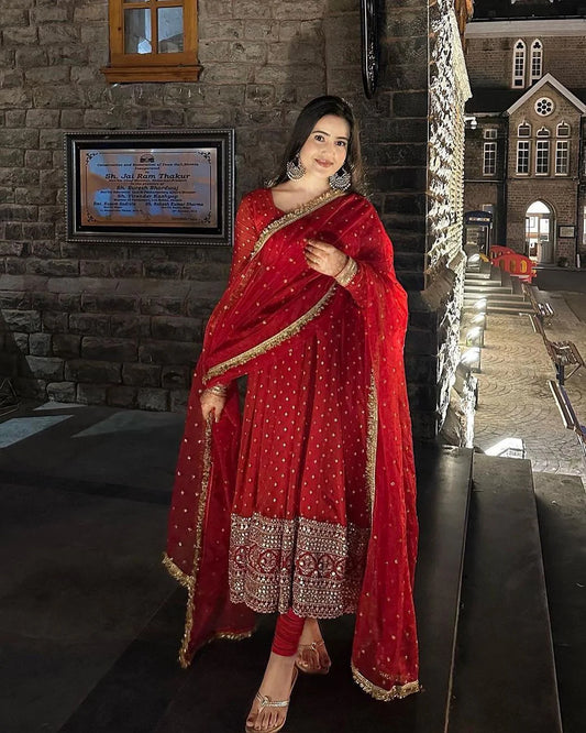 Outstanding Red Sequin Embellished Anarkali Gown with Dupatta