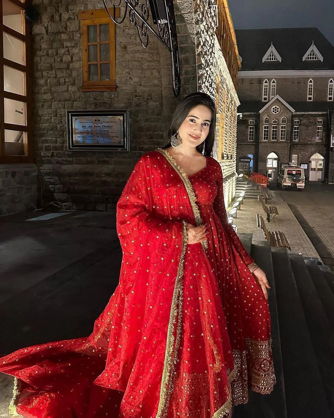 Outstanding Red Sequin Embellished Anarkali Gown with Dupatta