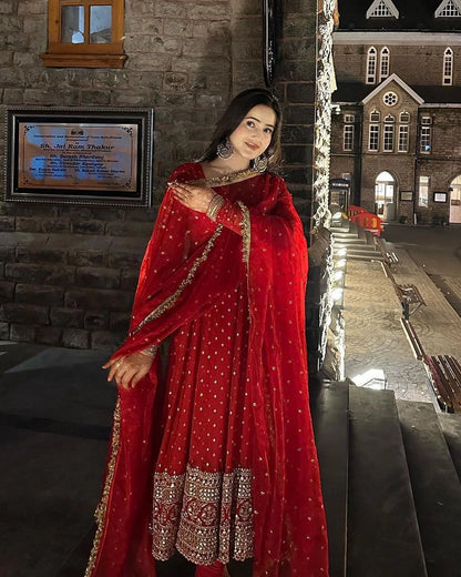 Outstanding Red Sequin Embellished Anarkali Gown with Dupatta