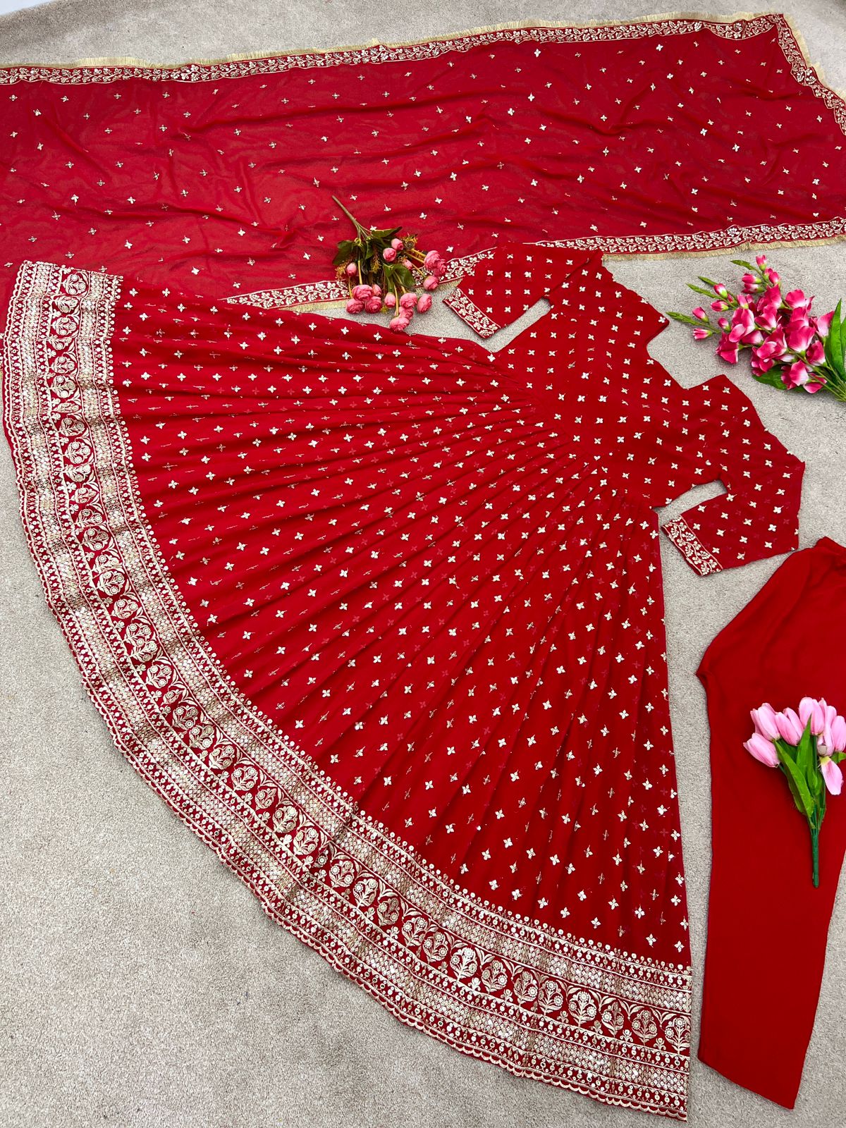 Outstanding Red Sequin Embellished Anarkali Gown with Dupatta
