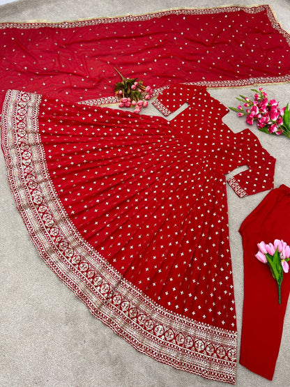 Outstanding Red Sequin Embellished Anarkali Gown with Dupatta