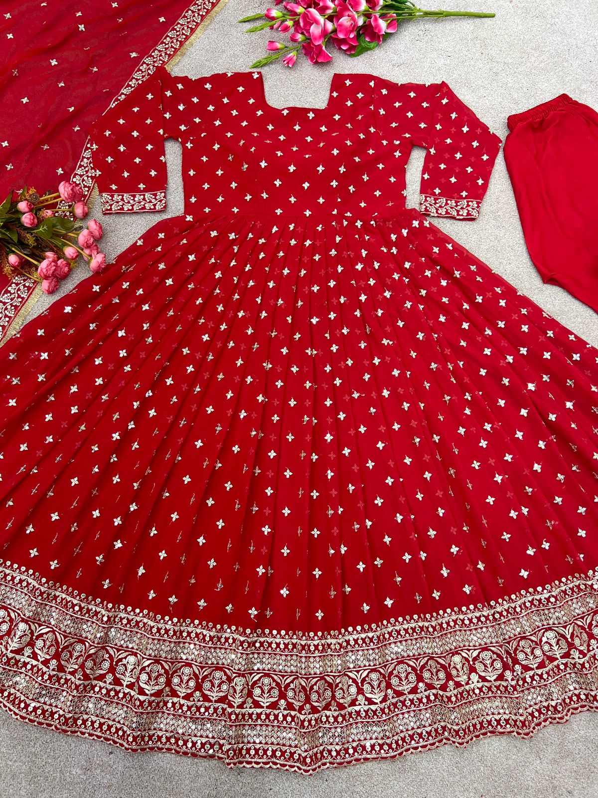 Outstanding Red Sequin Embellished Anarkali Gown with Dupatta