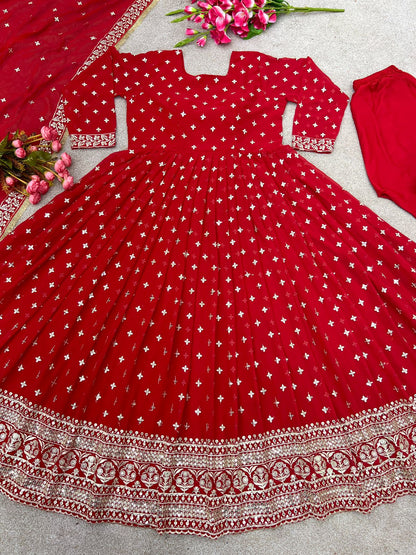 Outstanding Red Sequin Embellished Anarkali Gown with Dupatta