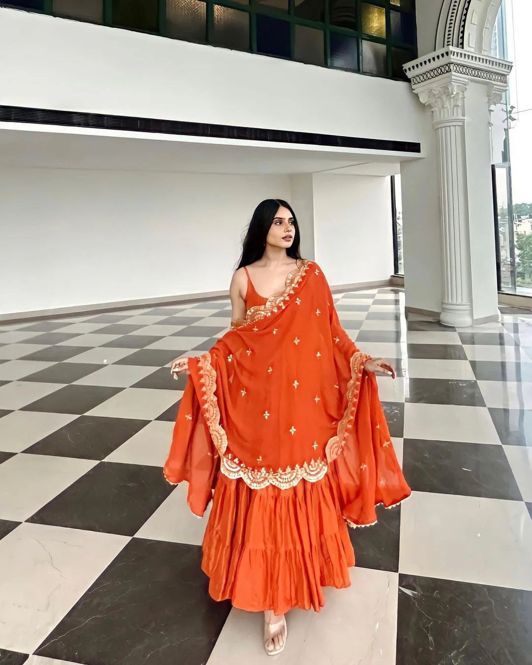 Beautiful Orange Ruffle Flared Anarkali Gown with Dupatta