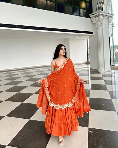 Beautiful Orange Ruffle Flared Anarkali Gown with Dupatta