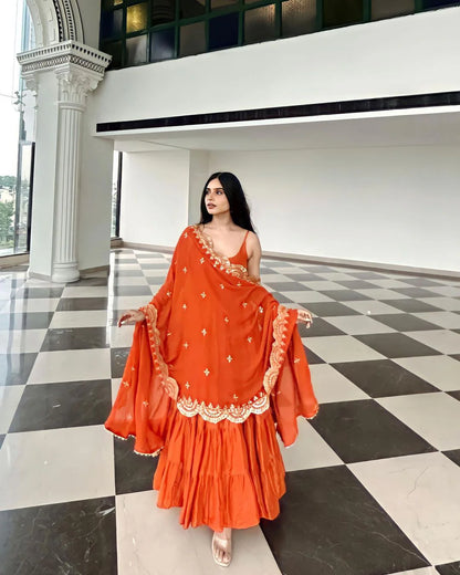 Beautiful Orange Ruffle Flared Anarkali Gown with Dupatta