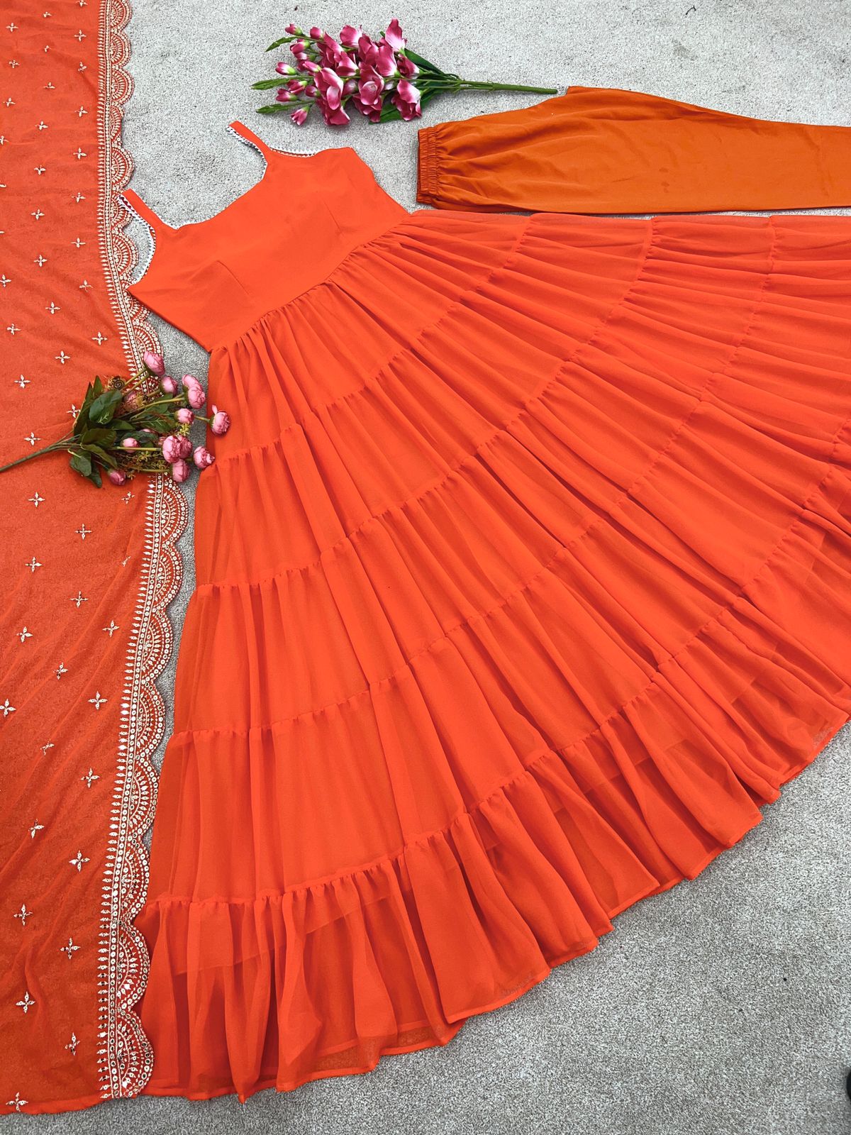 Beautiful Orange Ruffle Flared Anarkali Gown with Dupatta