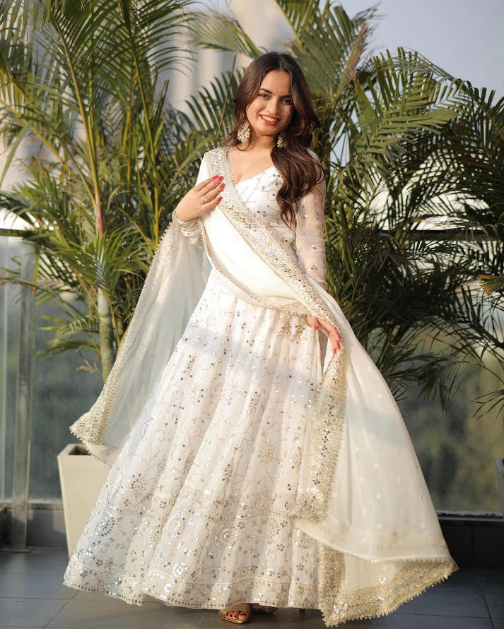 Regal White Georgette Anarkali Gown with Full Heavy Embroidery Work