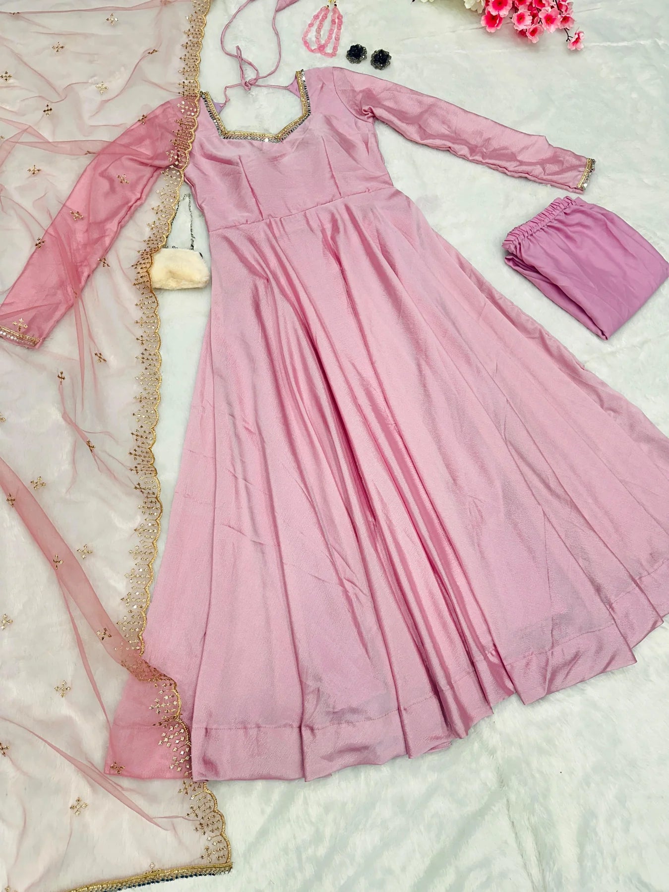 Delightful Light Pink Anarkali Gown with Soft Net Dupatta