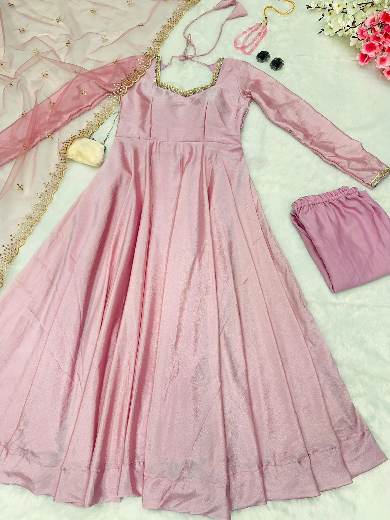 Delightful Light Pink Anarkali Gown with Soft Net Dupatta