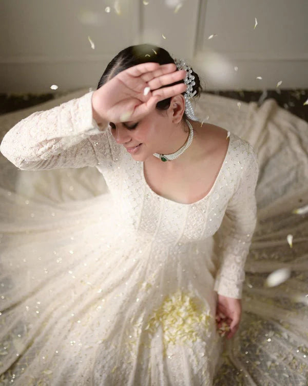 Lakhnawi White Embroidered Georgette Long Anarkali Gown with Dupatta