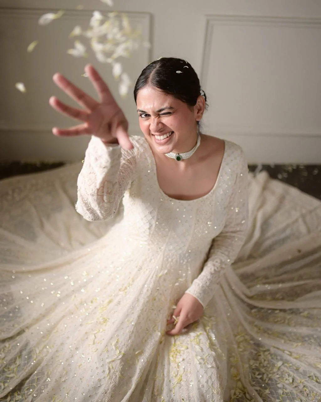 Lakhnawi White Embroidered Georgette Long Anarkali Gown with Dupatta