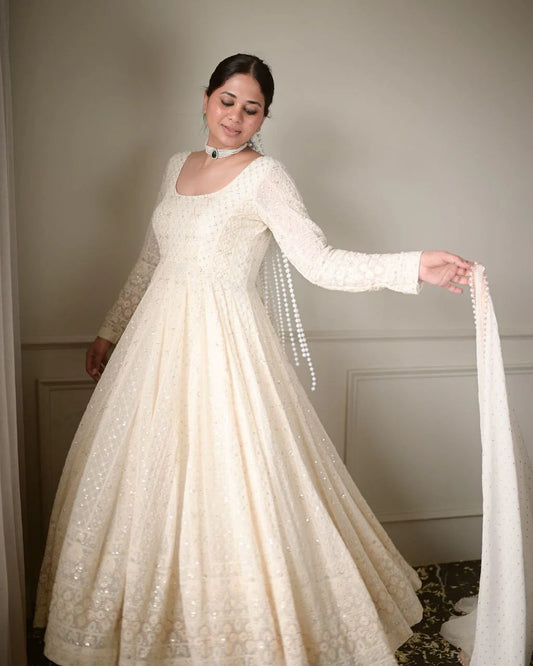 Lakhnawi White Embroidered Georgette Long Anarkali Gown with Dupatta