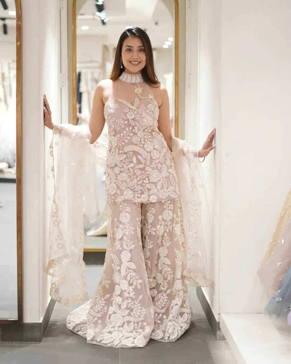 Party Wear Halter Neck Kurta & Palazzo Set with Dupatta in Butterfly Net and Sequin Work