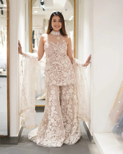 Party Wear Halter Neck Kurta & Palazzo Set with Dupatta in Butterfly Net and Sequin Work