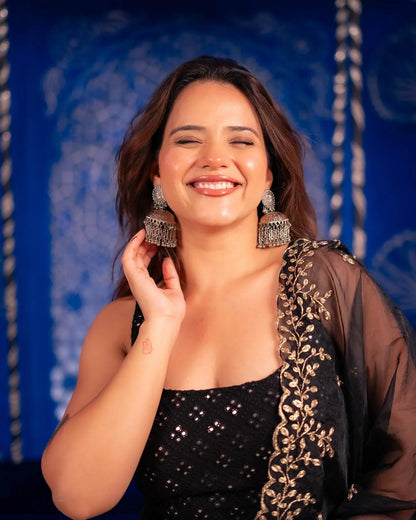 Black Embroidered Sharara Suit Set with Kurta & Dupatta for Special Occasions