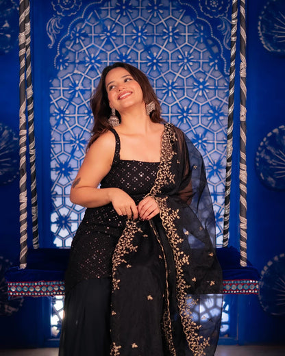 Black Embroidered Sharara Suit Set with Kurta & Dupatta for Special Occasions