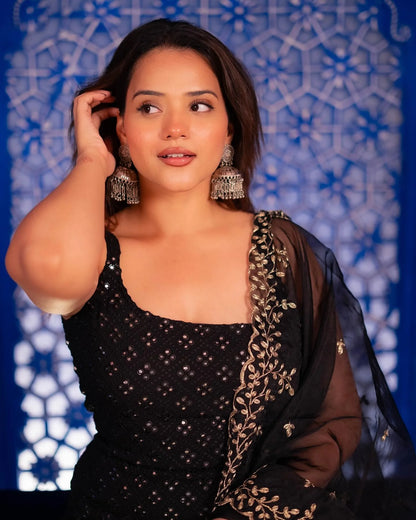 Black Embroidered Sharara Suit Set with Kurta & Dupatta for Special Occasions