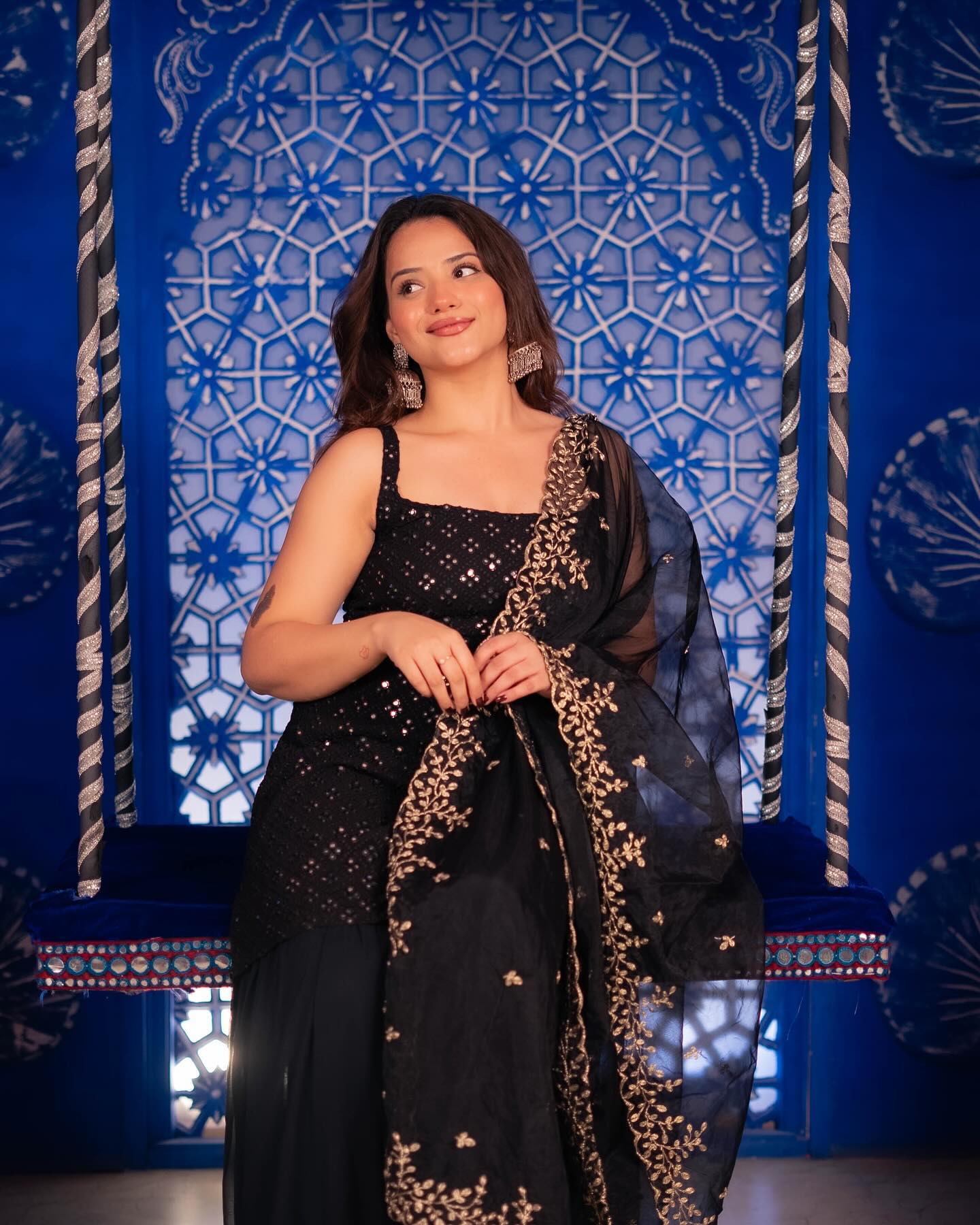 Black Embroidered Sharara Suit Set with Kurta & Dupatta for Special Occasions