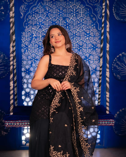 Black Embroidered Sharara Suit Set with Kurta & Dupatta for Special Occasions
