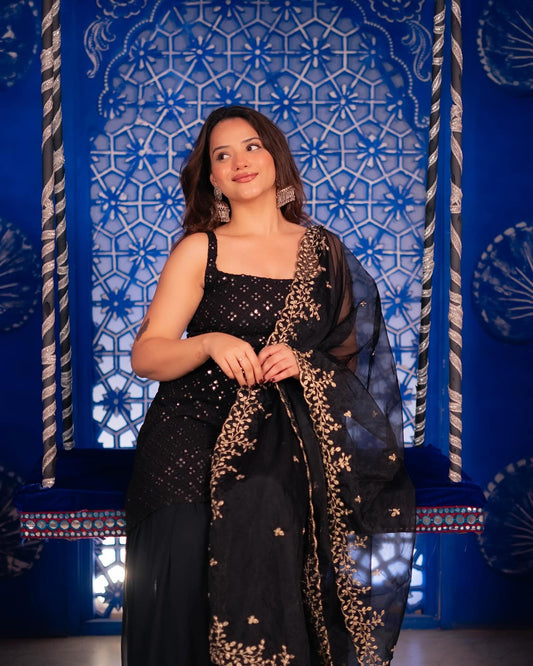 Black Embroidered Sharara Suit Set with Kurta & Dupatta for Special Occasions