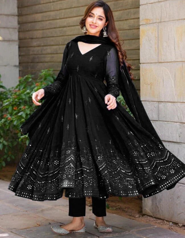 Glimmering Blue, Black Sequin & Thread Work Anarkali Gown with Dupatta