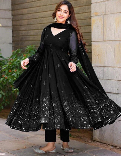 Glimmering Blue, Black Sequin & Thread Work Anarkali Gown with Dupatta