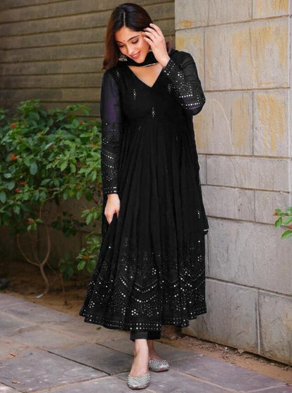 Glimmering Blue, Black Sequin & Thread Work Anarkali Gown with Dupatta